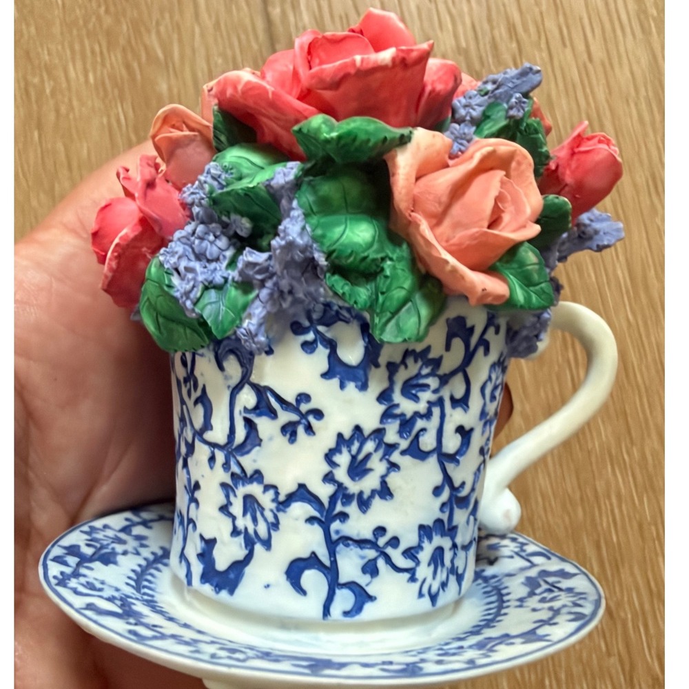 AGC Musical Teacup Figurine Roses Lilacs Blue White Floral Cottagecore Decor